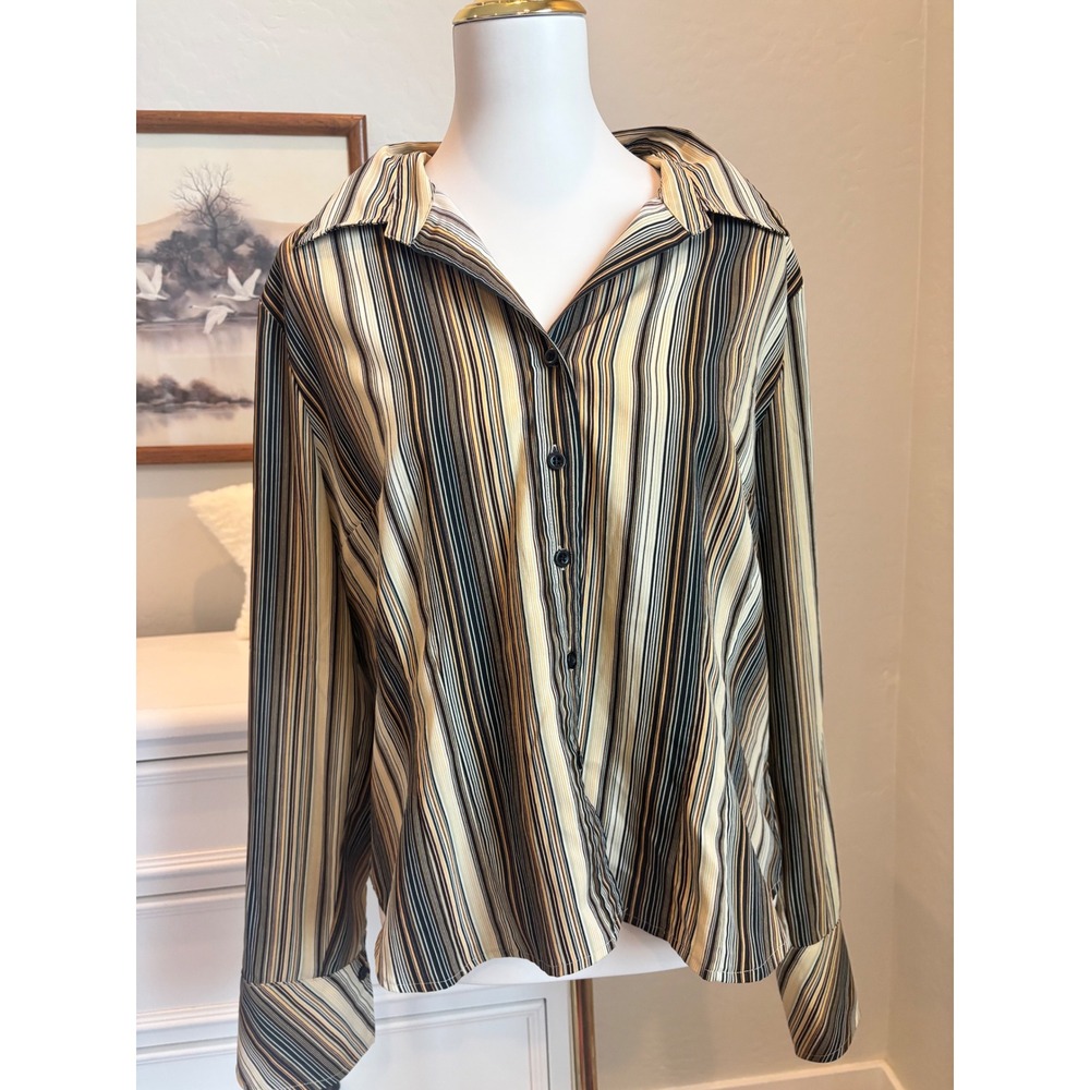 Vertical Striped Blouse Button Down Office Workwear Neutral Earth Tones XL